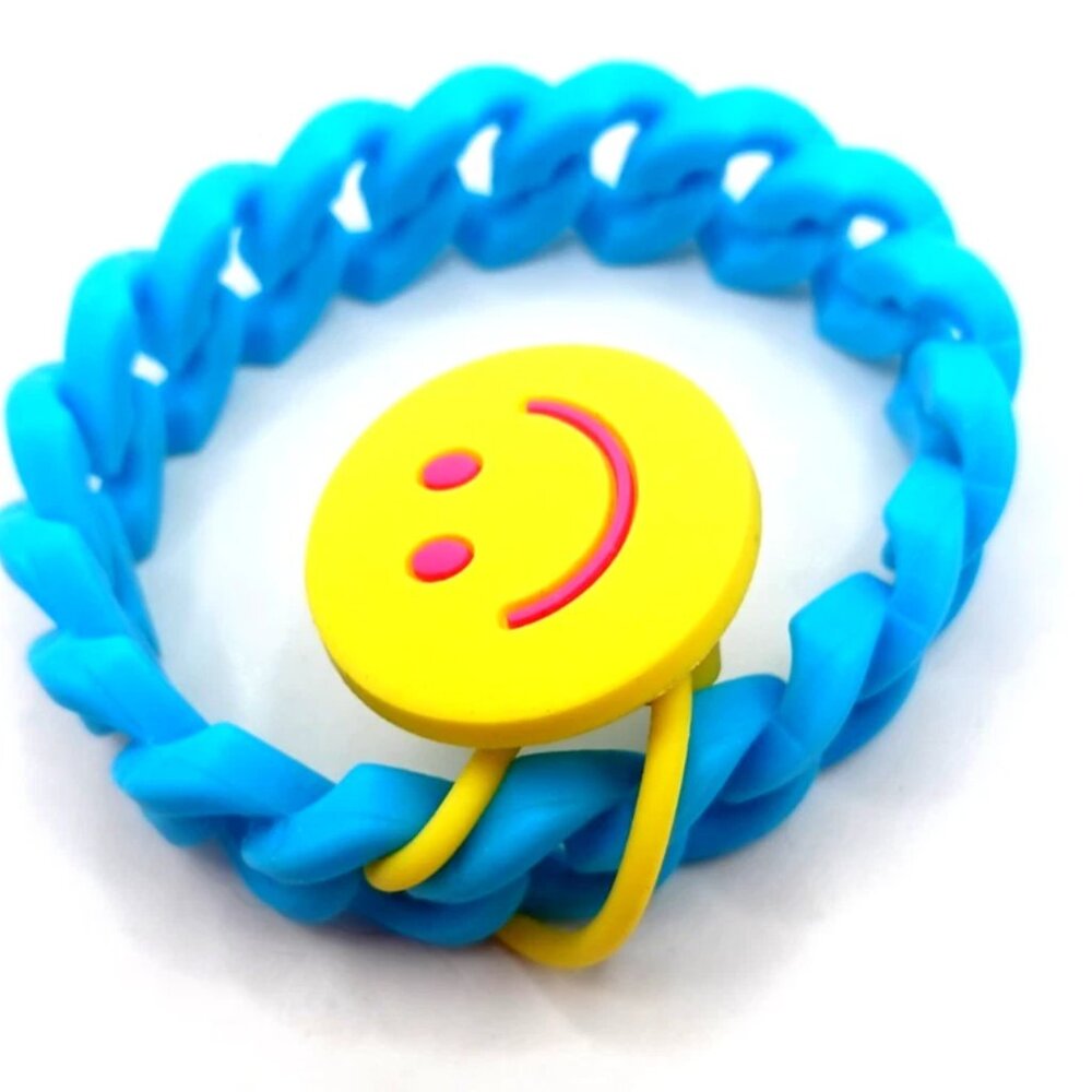 Smiley Face Silicone - Rubber Blue Bracelet -Wristband 8 Inches - Picture 2 of 8